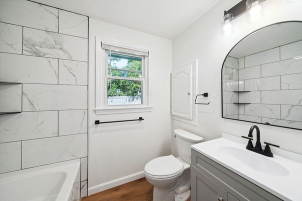 Bathroom, Interior, Marble Walls, Wood Texture Flooring