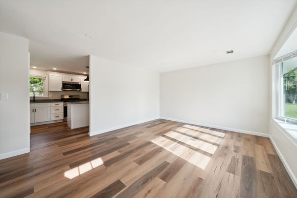Empty room, Interior, Kitchen, Recessed Lighting, Stainless Steel Appliances, Wood Texture Flooring