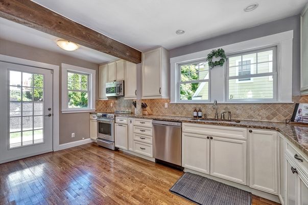 Interior, Kitchen, Recessed Lighting, Stainless Steel Appliances, Wooden Beams, Wood Texture Flooring