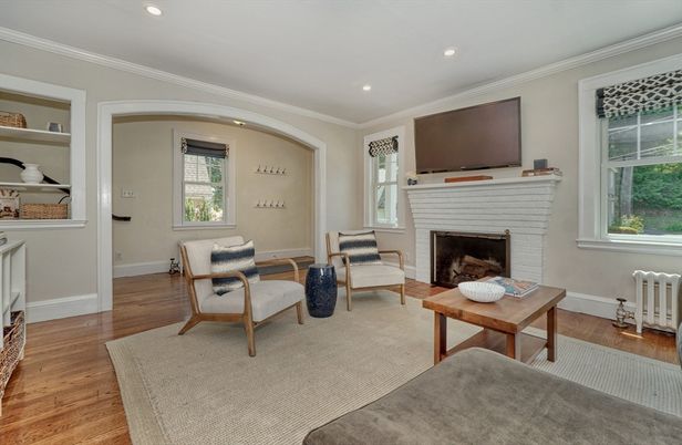 Fireplace, Interior, Living room, Recessed Lighting, Wood Texture Flooring