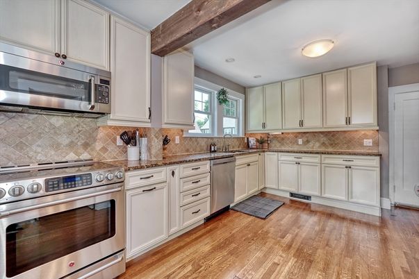 Interior, Kitchen, Stainless Steel Appliances, Wooden Beams, Wood Texture Flooring