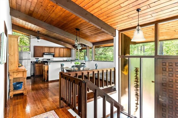 Dining room, Interior, Kitchen, Pendant Lights, Wooden Beams, Wooden Ceilings, Wood Texture Flooring