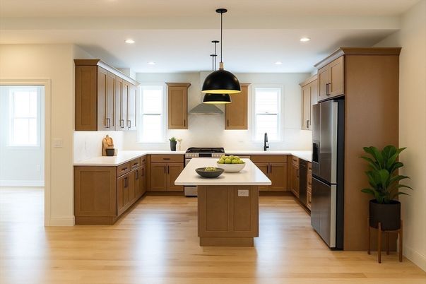 Interior, Kitchen, Pendant Lights, Recessed Lighting, Stainless Steel Appliances, Wood Texture Flooring