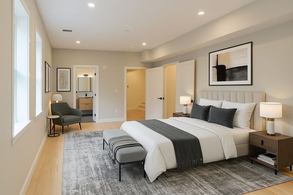 Bedroom, Interior, Recessed Lighting, Wood Texture Flooring