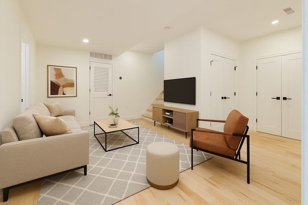 Interior, Living room, Recessed Lighting, Wood Texture Flooring