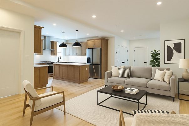 Interior, Kitchen, Living room, Pendant Lights, Recessed Lighting, Stainless Steel Appliances, Wood Texture Flooring