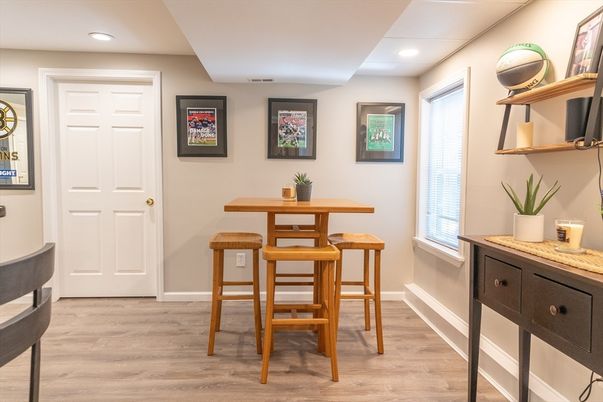 Dining room, Interior, Recessed Lighting, Wood Texture Flooring