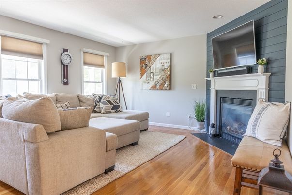 Fireplace, Interior, Living room, Recessed Lighting, Wood Texture Flooring