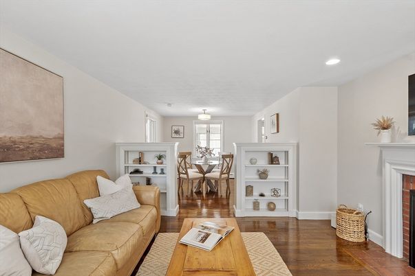Dining room, Fireplace, Interior, Living room, Recessed Lighting, Wood Texture Flooring