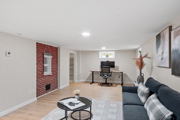 Home Office, Interior, Recessed Lighting, Stone Walls, Wood Texture Flooring