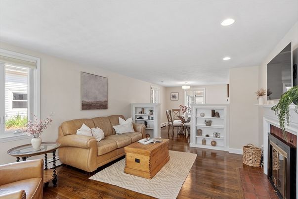 Dining room, Fireplace, Interior, Living room, Recessed Lighting, Wood Texture Flooring