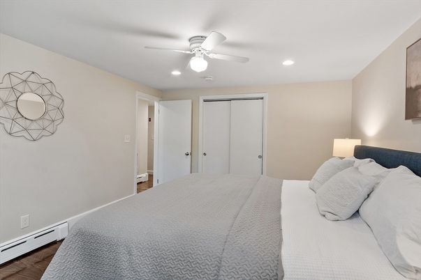 Bedroom, Interior, Recessed Lighting, Wood Texture Flooring