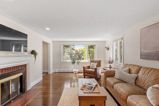 Fireplace, Interior, Living room, Recessed Lighting, Wood Texture Flooring