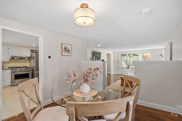 Dining room, Interior, Kitchen, Recessed Lighting, Stainless Steel Appliances, Wood Texture Flooring