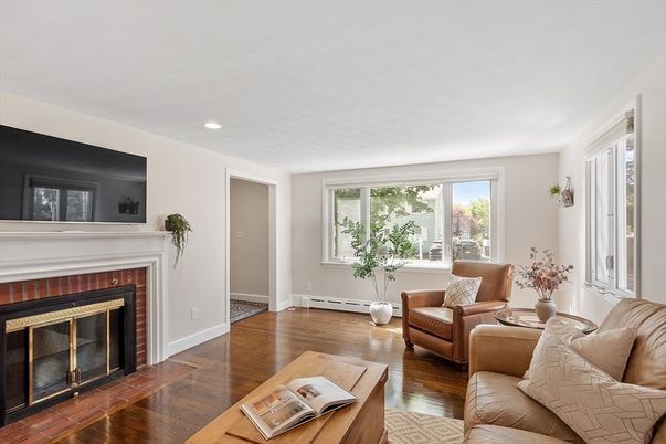Fireplace, Interior, Living room, Recessed Lighting, Wood Texture Flooring