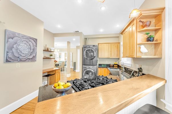 Interior, Kitchen, Pendant Lights, Recessed Lighting, Washer, Wood Texture Flooring
