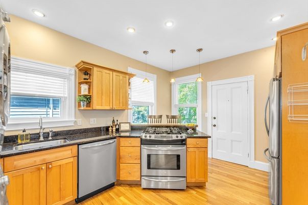 Interior, Kitchen, Pendant Lights, Recessed Lighting, Stainless Steel Appliances, Wood Texture Flooring