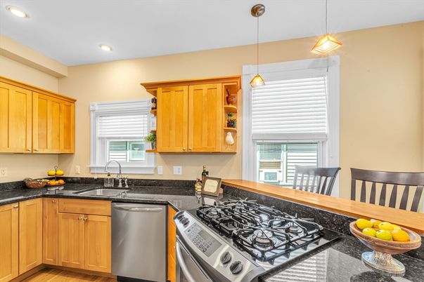 Interior, Kitchen, Pendant Lights, Recessed Lighting, Stainless Steel Appliances, Wood Texture Flooring