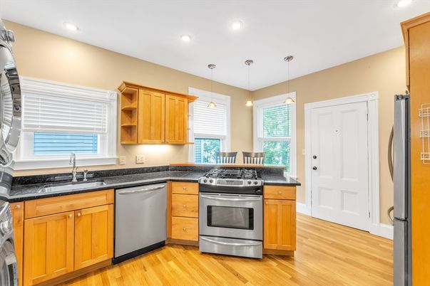 Interior, Kitchen, Pendant Lights, Recessed Lighting, Stainless Steel Appliances, Wood Texture Flooring