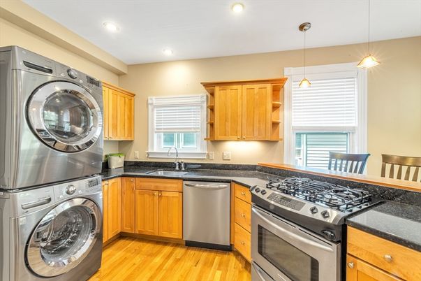 Interior, Kitchen, Pendant Lights, Recessed Lighting, Stainless Steel Appliances, Washer, Wood Texture Flooring