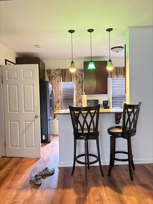Interior, Kitchen, Pendant Lights, Wood Texture Flooring