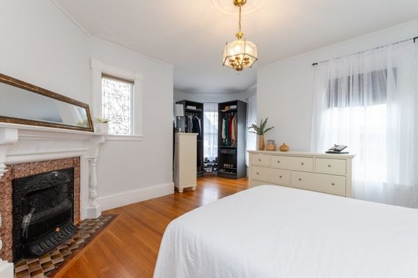 Bedroom, Fireplace, Interior, Pendant Lights, Wood Texture Flooring