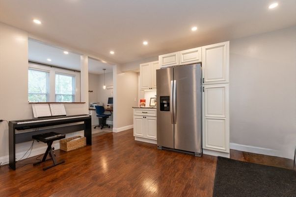 Home Office, Interior, Kitchen, Pendant Lights, Piano, Recessed Lighting, Stainless Steel Appliances, Wood Texture Flooring