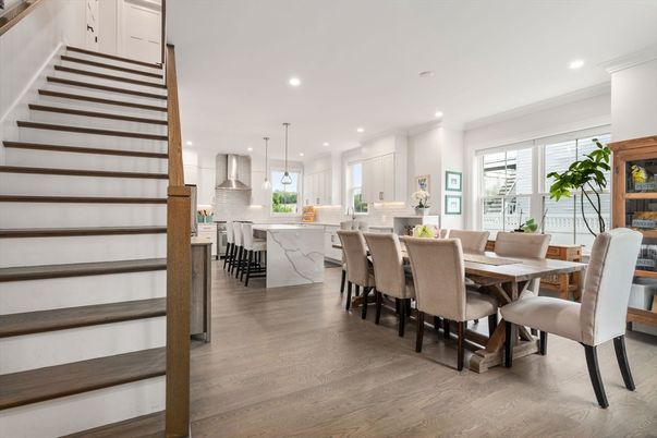 Dining room, Interior, Kitchen, Pendant Lights, Recessed Lighting, Stainless Steel Appliances, Wood Texture Flooring