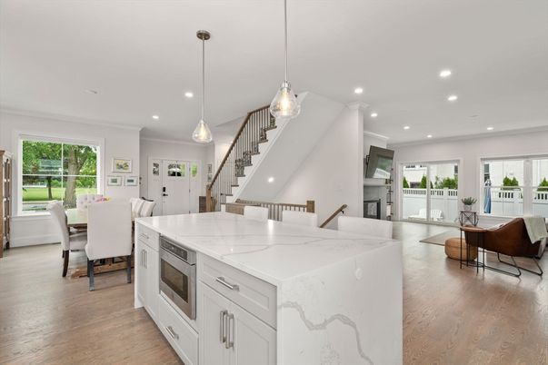 Dining room, Fireplace, Interior, Kitchen, Pendant Lights, Recessed Lighting, Wood Texture Flooring