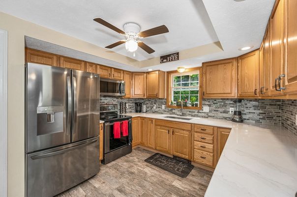 Interior, Kitchen, Recessed Lighting, Stainless Steel Appliances, Wood Texture Flooring