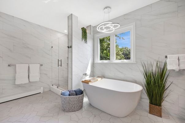 Bathroom, Free Standing Baths, Glass Shower, Interior, Marble Walls, Pendant Lights, Recessed Lighting