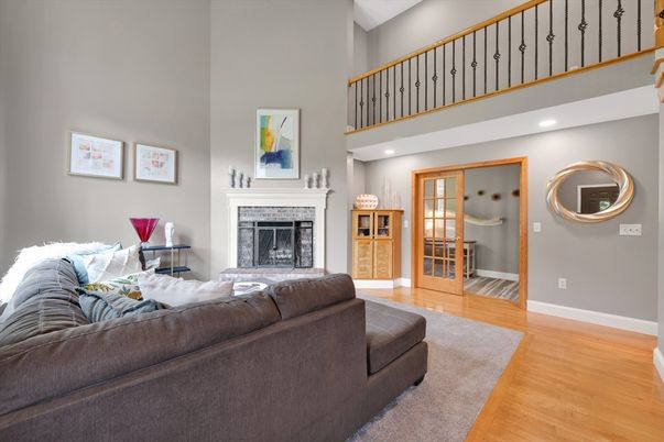 Fireplace, Interior, Living room, Recessed Lighting, Wood Texture Flooring