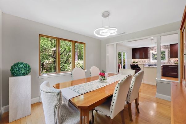 Dining room, Interior, Kitchen, Pendant Lights, Wood Texture Flooring