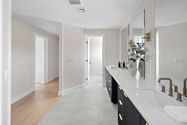 Bathroom, Dual Sink Vanities, Interior, Recessed Lighting, Wood Texture Flooring