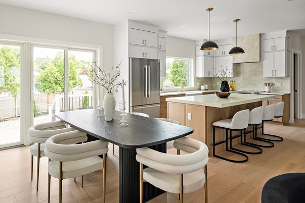 Dining room, Interior, Kitchen, Pendant Lights, Recessed Lighting, Stainless Steel Appliances, Wood Texture Flooring