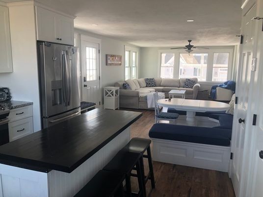 Dining room, Interior, Kitchen, Living room, Recessed Lighting, Stainless Steel Appliances, Wood Texture Flooring