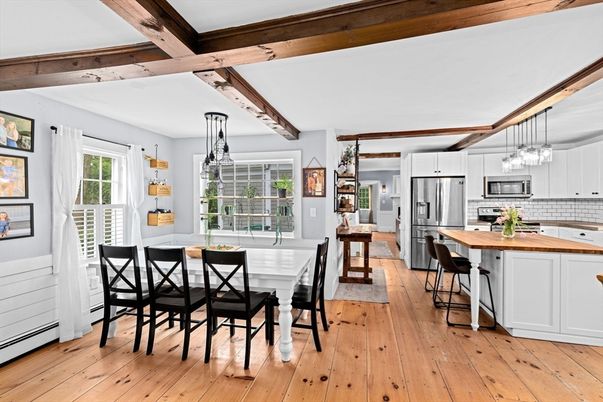 Dining room, Interior, Kitchen, Pendant Lights, Stainless Steel Appliances, Wooden Beams, Wood Texture Flooring