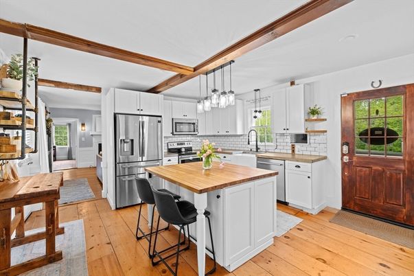 Interior, Kitchen, Pendant Lights, Stainless Steel Appliances, Wooden Beams, Wood Texture Flooring