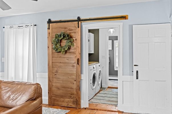 Interior, Washer, Wood Texture Flooring, Wooden Walls
