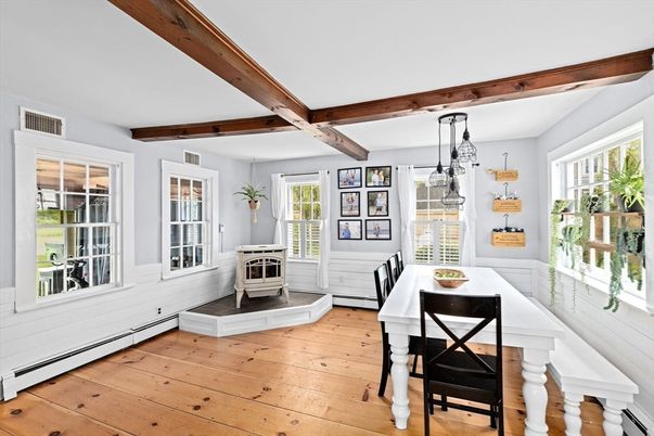 Dining room, Fireplace, Interior, Pendant Lights, Wooden Beams, Wood Texture Flooring