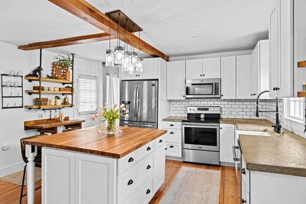 Interior, Kitchen, Pendant Lights, Stainless Steel Appliances, Wooden Beams, Wood Texture Flooring