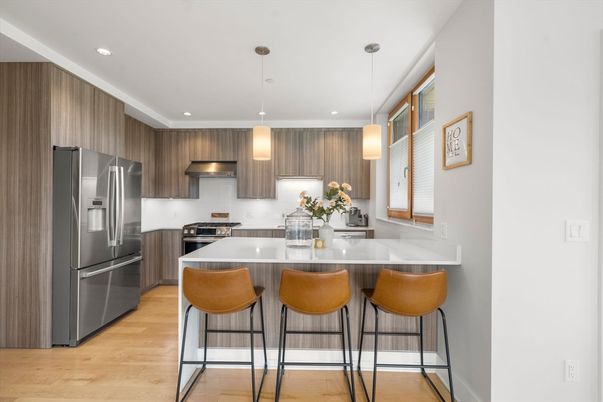 Interior, Kitchen, Pendant Lights, Recessed Lighting, Stainless Steel Appliances, Wood Texture Flooring