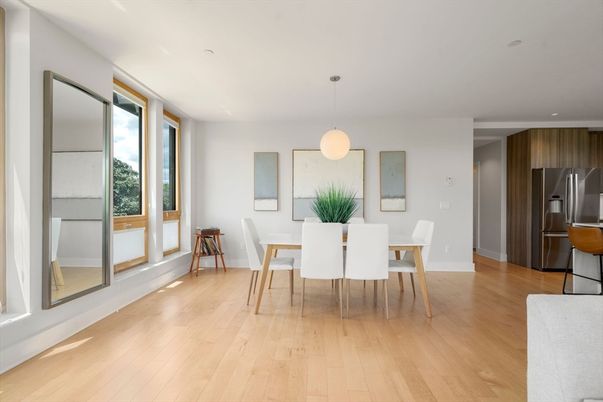 Dining room, Interior, Kitchen, Pendant Lights, Recessed Lighting, Stainless Steel Appliances, Wood Texture Flooring
