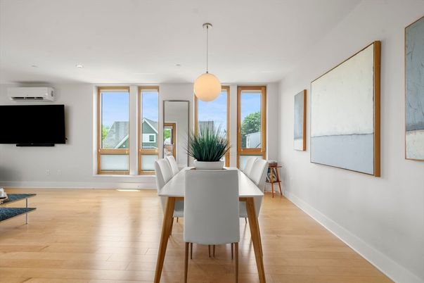 Dining room, Interior, Pendant Lights, Recessed Lighting, Wood Texture Flooring