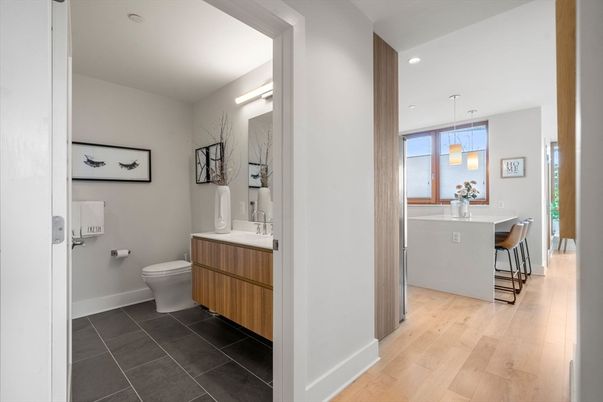 Bathroom, Interior, Pendant Lights, Recessed Lighting, Wood Texture Flooring