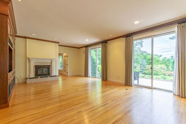 Empty room, Fireplace, Interior, Recessed Lighting, Wood Texture Flooring