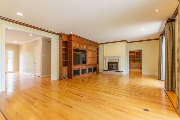 Empty room, Fireplace, Interior, Recessed Lighting, Wood Texture Flooring