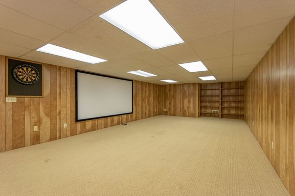 Empty room, Interior, Projection Screen, Recessed Lighting, Wooden Walls