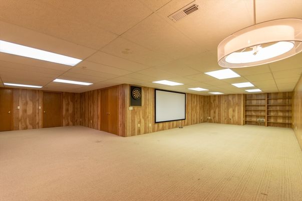 Empty room, Interior, Projection Screen, Recessed Lighting, Wooden Walls