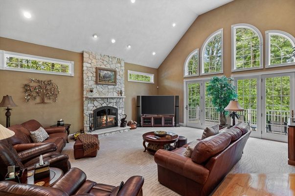 Fireplace, Interior, Living room, Recessed Lighting, Stone Walls